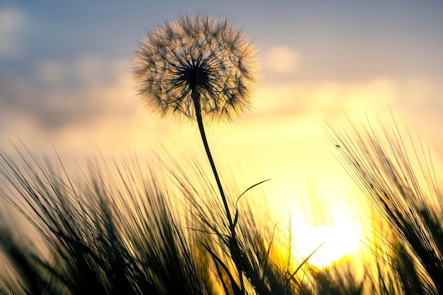 夕焼けの空を背景に草の中のタンポポ自然と花の植物学