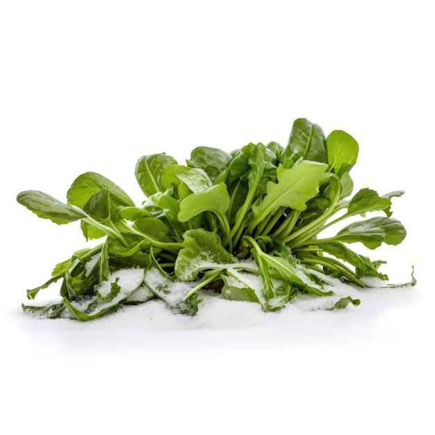 Dandelion Greens covered with frost and snow isolated on white background