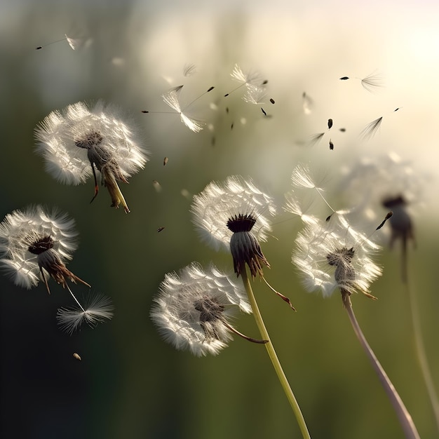 A dandelion is blowing in the wind.