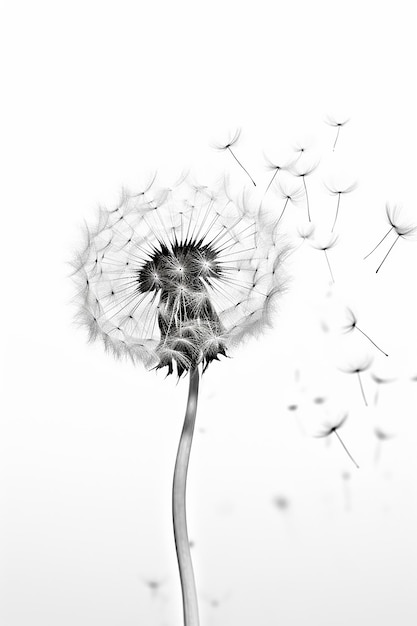 a dandelion is shown in black and white.