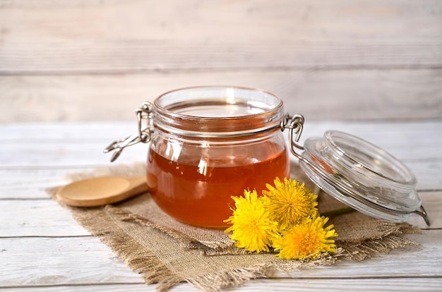 Dandelion jam in a glass jar The concept of health Life without cholesterol