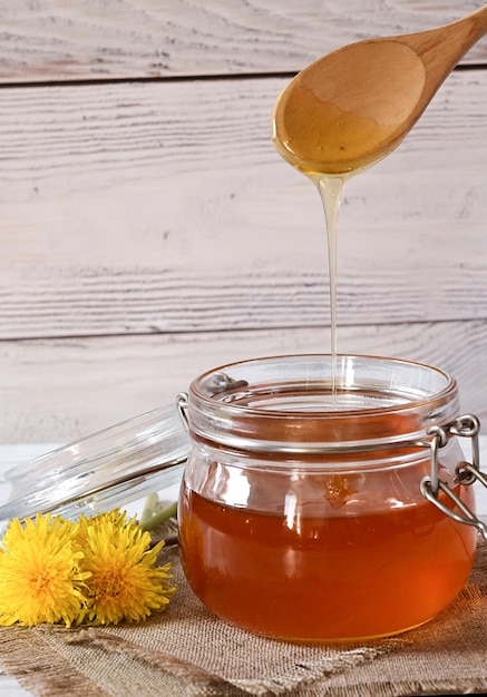 Dandelion jam in a glass jar The concept of health Life without cholesterol