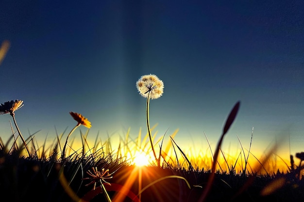 Foto fotografia di tarassaco guardando l'alba e il tramonto attraverso i fiori di tarassaco così belli