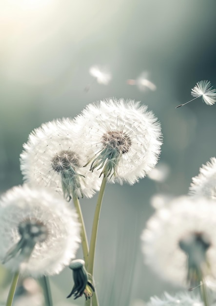 Dandelion seed head dispersing seeds into the wind natural background