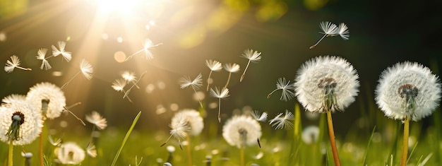 Photo dandelion seed head dispersing seeds into the wind natural background