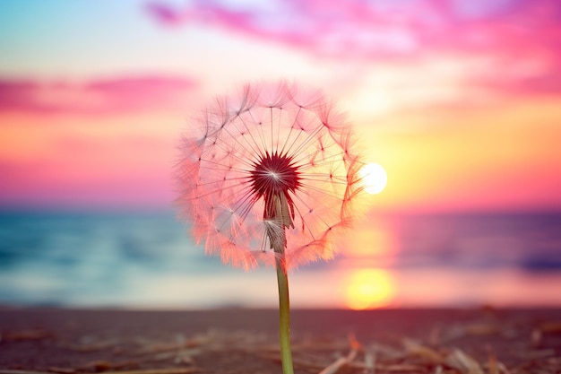 Dandelion seed head with a colorful sunset background