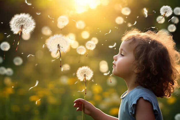 Dandelion seeds being carried away by a breeze in a natural setting