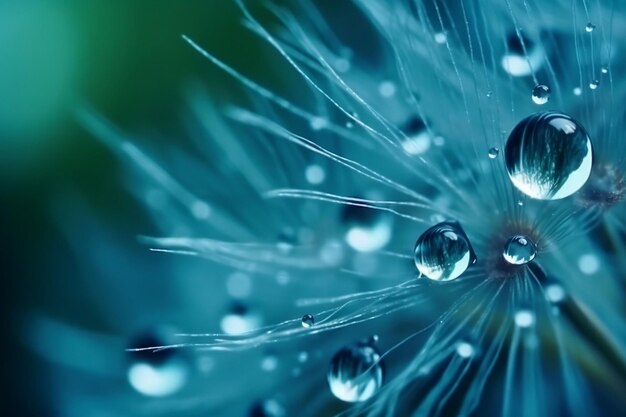 Dandelion Seeds in droplets of water on blue and turquoise beautiful background with soft focus in