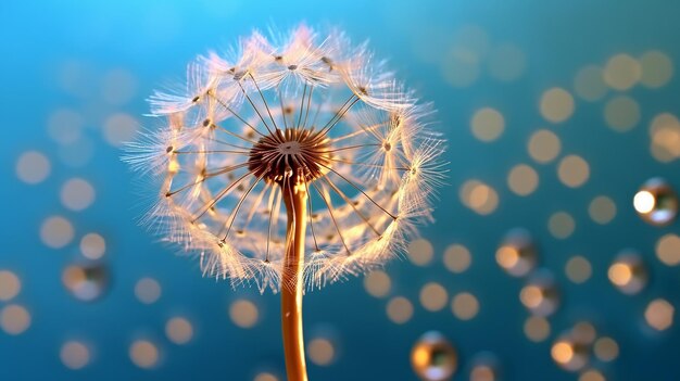 Dandelion Seeds in droplets of water on blue and turquoise beautiful background