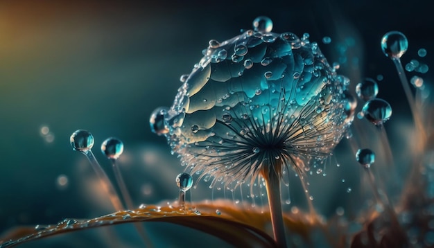 Dandelion Seeds in droplets of water on blue and turquoise.