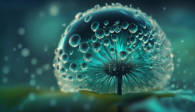 Dandelion Seeds in droplets of water on blue and turquoise.