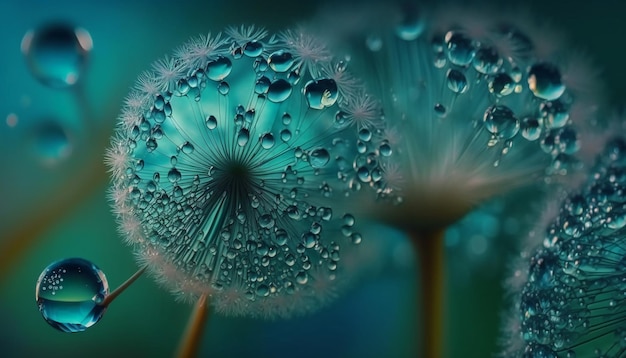 Dandelion Seeds in droplets of water on blue and turquoise.