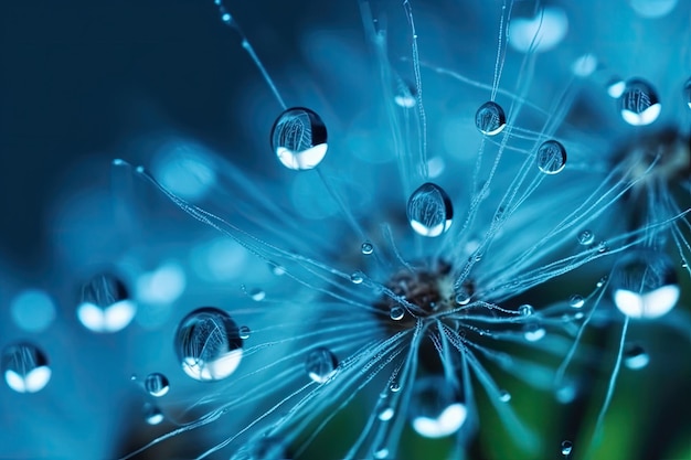 Dandelion seeds in droplets of water on the turquoise background Generative AI