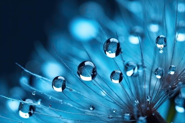 Dandelion seeds in droplets of water on the turquoise background generative ai