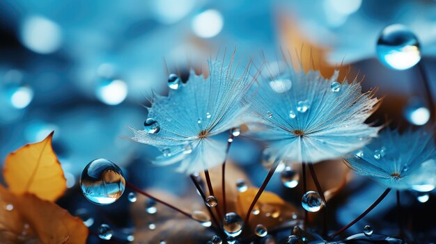 Dandelion seeds in droplets of water