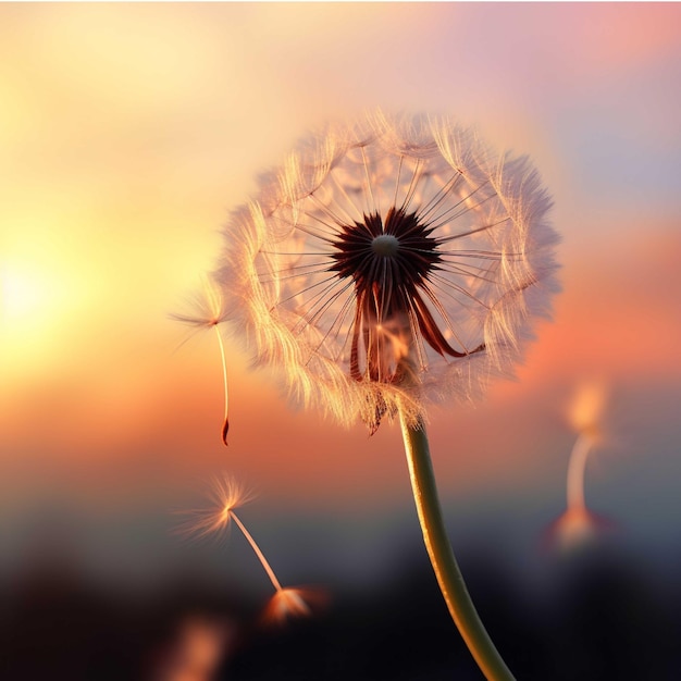 Photo dandelion seeds on the field at sunset beautiful nature background