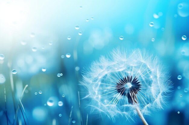 Dandelion Seeds in Water Droplets on Blue and Turquoise Generative AI