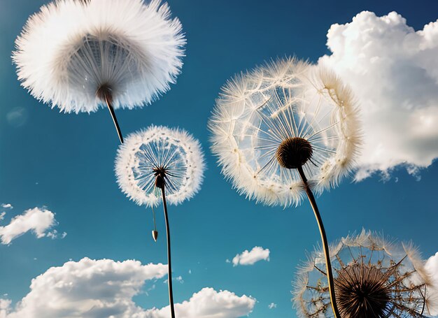 Dandelion seeds in wind flying into sky