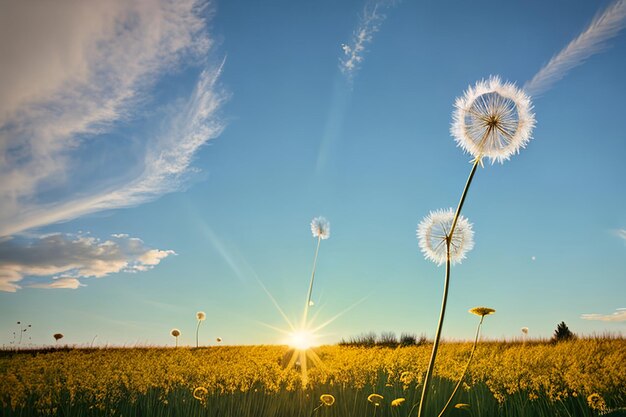 Dandelion seeds in wind flying into sky