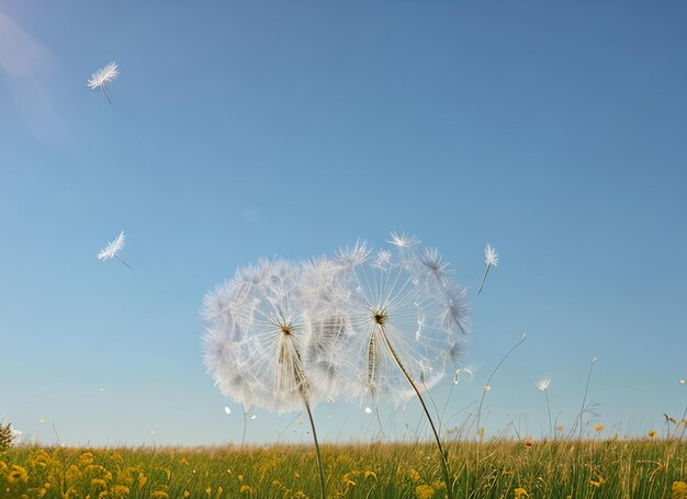 Dandelion seeds in wind flying into sky