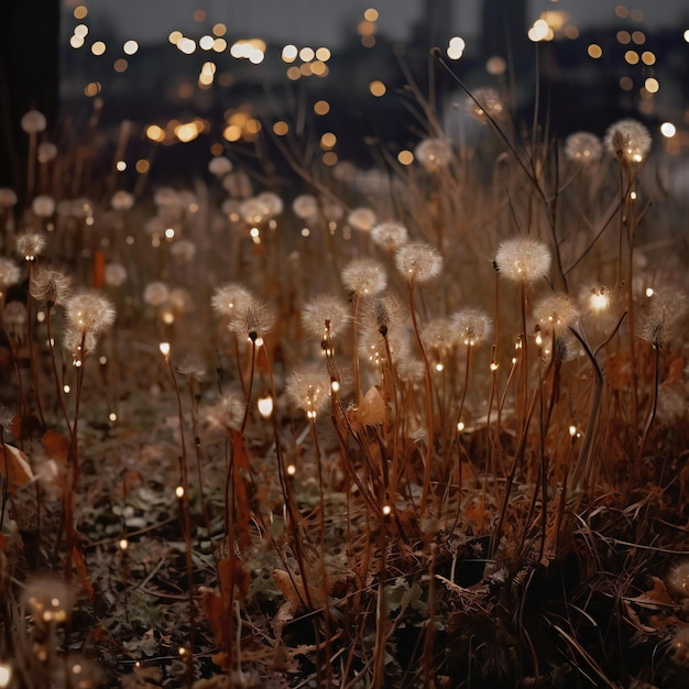 Photo dandelion seeds with bokeh lights at night soft focus