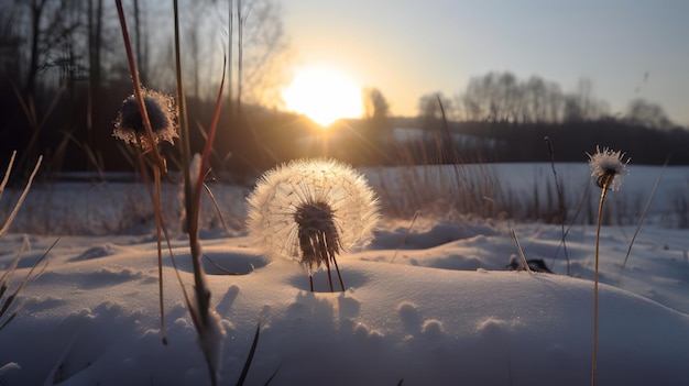 A dandelion in the snow with the sun setting behind it