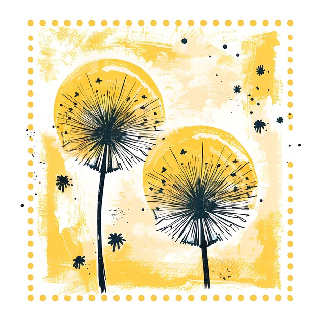 Photo dandelion stamp with monochrome yellow color bird decoration nature sketch line art frame collect