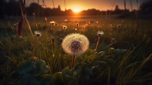 タンポポと夕日の生成 AI