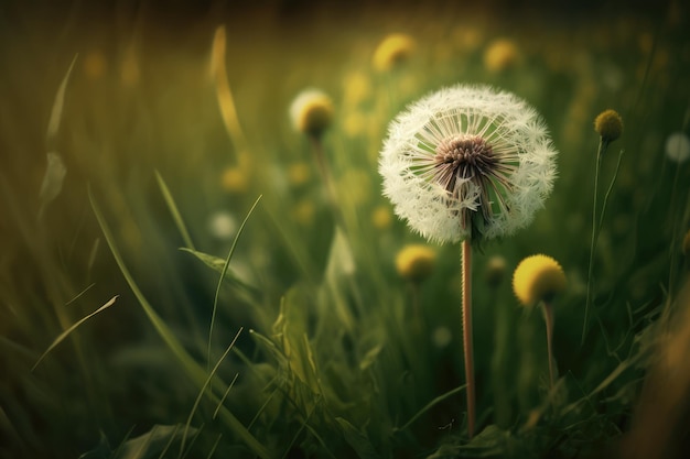 Dandelion surrounded by tall grass in the summer heat