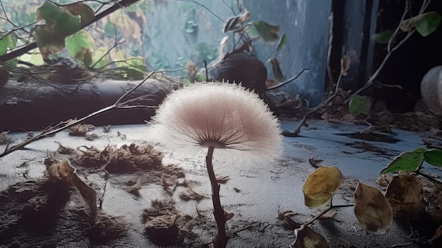 A dandelion that is on the ground