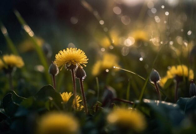 Dandelion water drops and closeup of flower in nature for spring and natural background