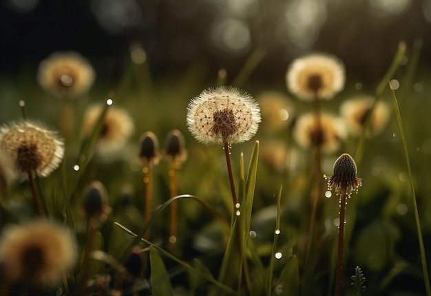 Dandelion water drops and closeup of flower in nature for spring and natural background