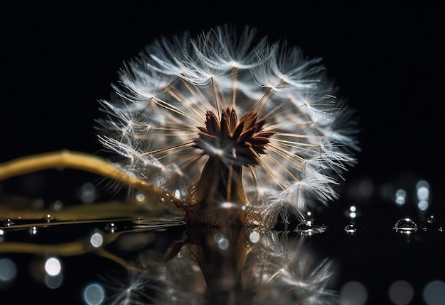 Dandelion water drops and closeup of flower in nature for spring and natural background