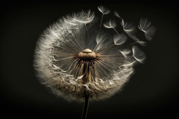 Dandelion in the wind seeds flying away