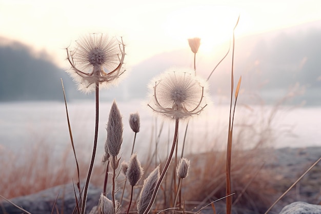 사진 단델리온 겨울 얼음 예술