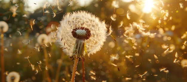 Photo dandelion with exaggerated fluff dispersing in the breeze