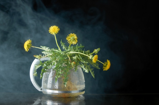 Dandelion with roots and leaves in a glass teapot in smoke