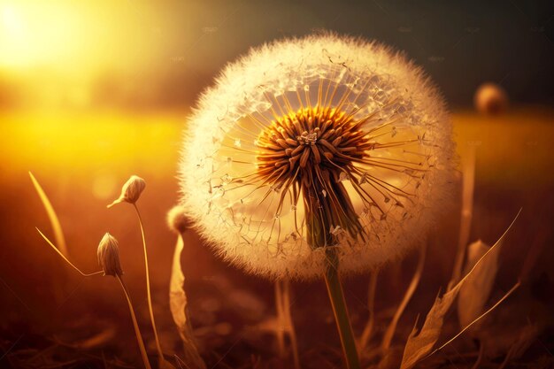 Dandelion with seeds against background of sunny field generative ai