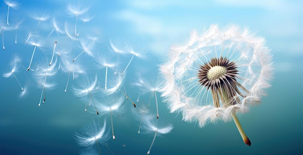 a dandelion with seeds blowing away in blue background