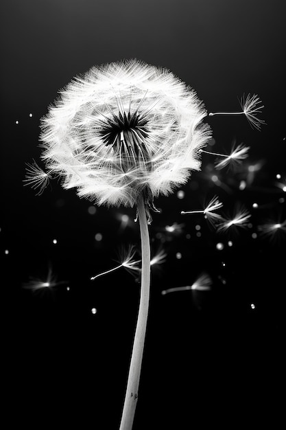 dandelion with the seeds blowing in the wind.