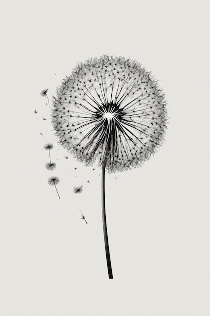 A dandelion with seeds blowing in the wind