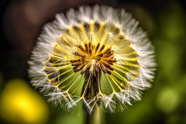 A dandelion with the seeds in the center is shown.