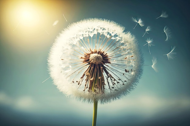 Dandelion with seeds floating on bright summer day generative ai