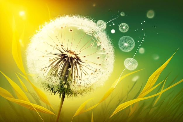 Dandelion with seeds floating on thin air in sunny summer glade generative ai