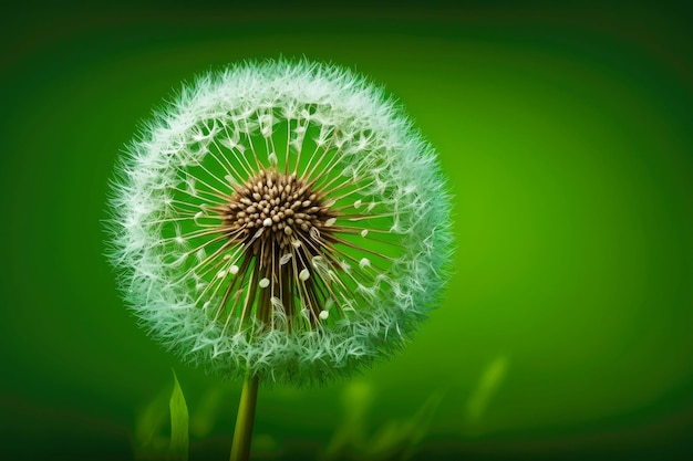 Dandelion with seeds on green background generative ai