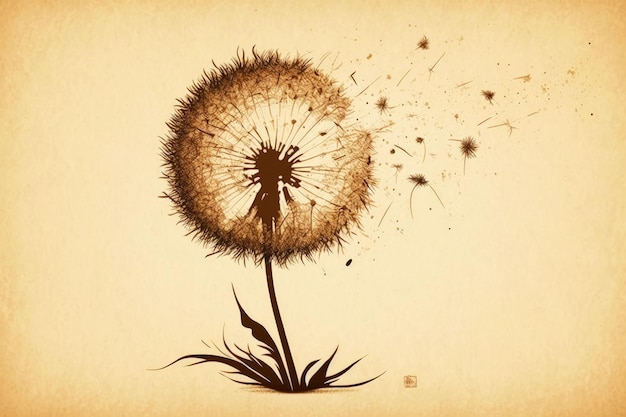 Dandelion with seeds on light brown background generative ai