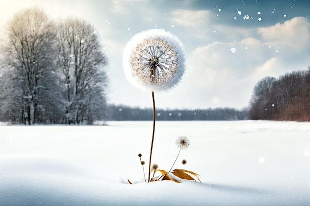 Dandelion with seeds in nature blooming in spring on meadow against backdrop of snowcovered trees ge