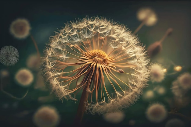 Dandelion with seeds in nature floating in gentle breeze generative ai