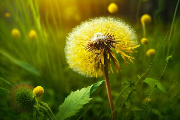 Dandelion with seeds in nature flying through air on blurry background generative ai
