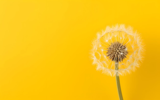 A dandelion with seeds on a yellow background